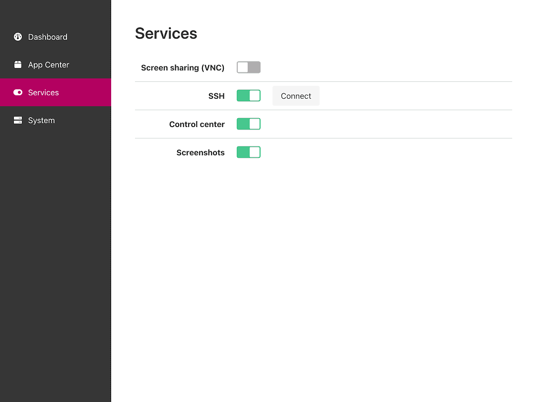 Screenshot of the Services page in the Control Center